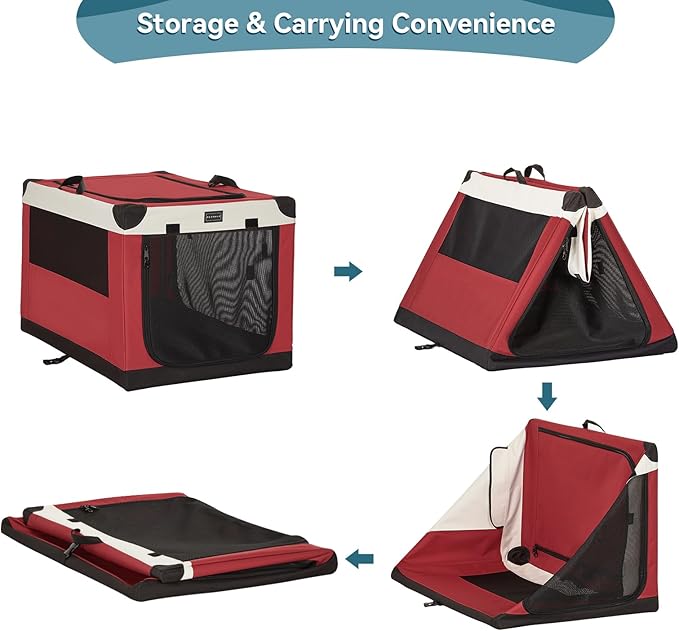 PETSFIT 36" Soft Portable Dog Crate – Patented Spiral Sturdy Frame, Collapsible Travel Kennel for Medium & Large Dogs, 3 Mesh Door, Lockable Zippers, Indoor & Car Use Red