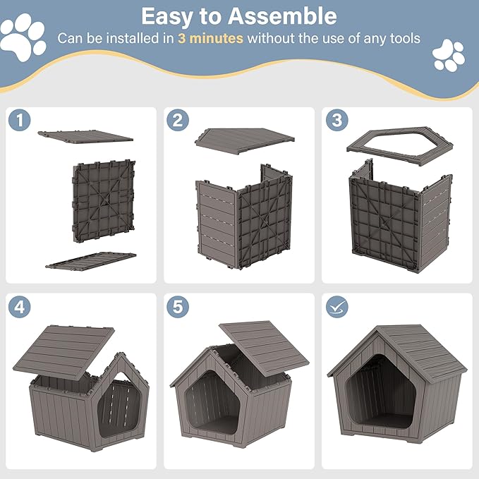 Bifanuo Dog House Outdoor Indoor for Small Dogs - Plastic Pet Shelter, Easy-Assemble & Weather-Resistant for Living Room, Balcony (Grey, 18" L x 22.4" W x 22.2" H)