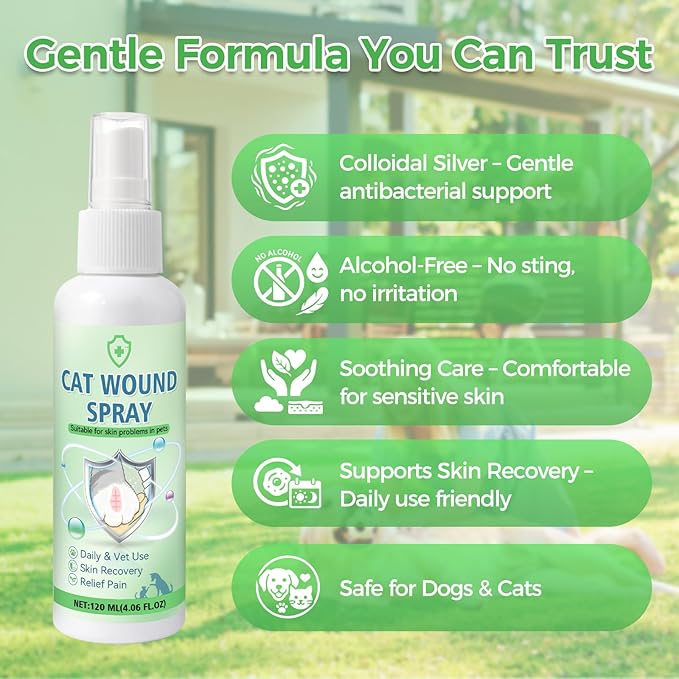 Cat Wound Spray for Dogs and Cats, Waterproof Pet Skin Care Spray for Scratches Bites Burns Redness and Minor Cuts, Gentle Dog Wound Care Formula Supports Daily Recovery and Comfort, 120ml (120ml)