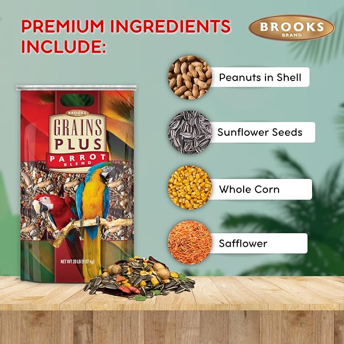 Brooks Brand Grains Plus Parrot Blend, Bird Food Parrot Seed Mix, African Grey Food, Eclectus, Indian Ringneck, Quaker