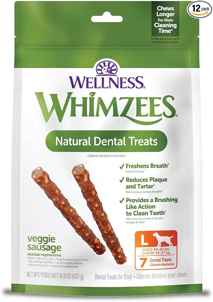 Whimzees Wellness Veggie Sausage Dog Dental Treat, Chews, Freshens Breath, Large Size, 14.81 oz Bag, 7 Count