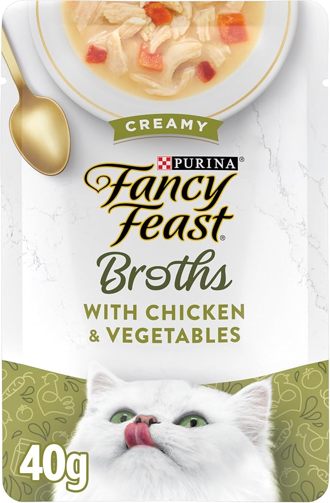 Purina Fancy Feast Broths Classic With Chicken and Vegetables Lickable Wet Cat Food Broth Topper, Pack of 16, 1.4 oz Pouches