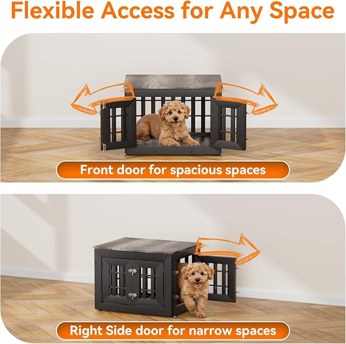Snuowu 26" Heavy-Duty Dog Crate Furniture for Small/Medium Dogs, Rustic Wooden Dog Cage Kennel Indoor Furniture, Decorative Pet House End Table, Black & Grey