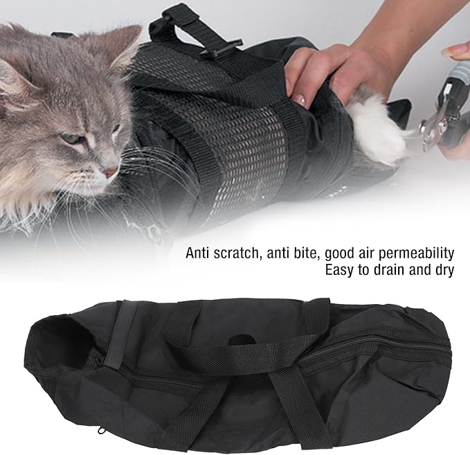 Cat Grooming Bag, Comfortable and Cat Bathing Bag with Easy Access for Nail Trimming and Cleaning, Sturdy Oxford Cloth Cat Restraint Bag (Black) with Multifunctional Use