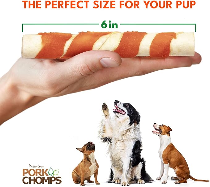 Pork Chomps Baked Pork Skin Dog Chews, 6 Inch Twists, 4 Count - Sweet Potato Wrap - Long-Lasting Treats for Dogs - High Protein, Rawhide-Free, Low Fat, Healthy & Delicious Chews