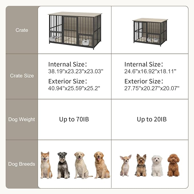 Hadulcet Foldable Dog Crate Furniture, 41'' No Assembly Indoor Dog Kennel with Storage Top, Wooden Dog Crate Table for Small to Medium Dogs, Furniture Style Dog Cage with 2 Bowls Gray