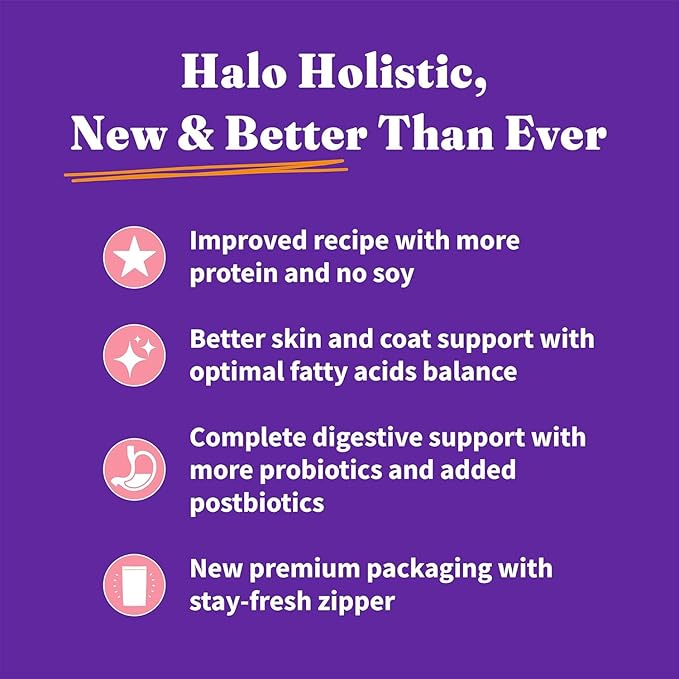Halo Holistic Dog Food Wild Caught Salmon & Whitefish Formula, Healthy Grains Dry Dog Food, Complete Digestive Health, Kibble for Adult Dogs, 10 lb Bag