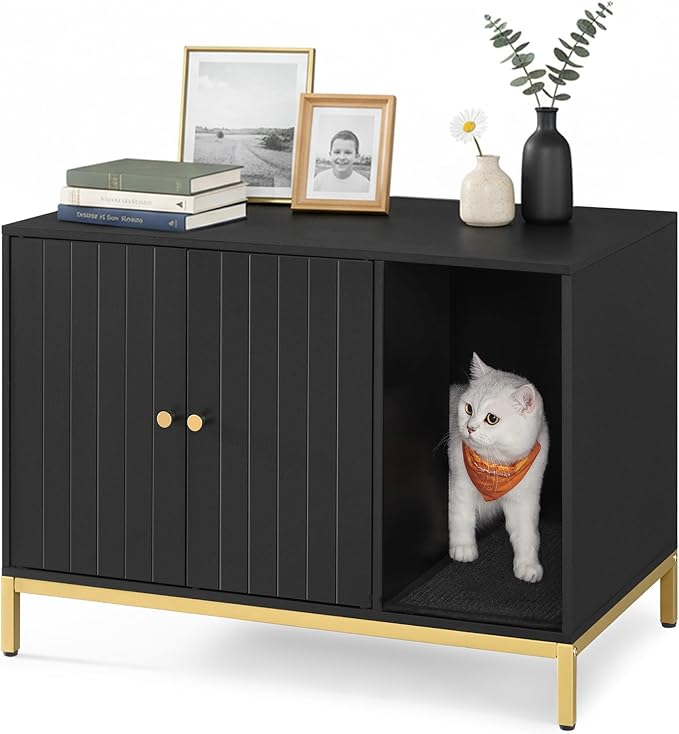 Feandrea Cat Litter Box Enclosure, Hidden Litter Box Furniture with Scratch Pad, Front Entry, Double Cabinet Doors, Modern Style, 31.5" Cat House Washroom Side End Table, Black and Gold
