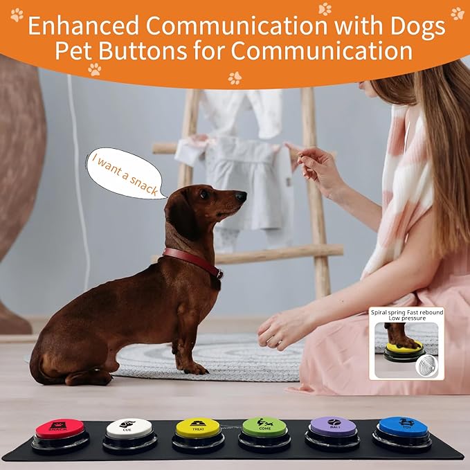 RIBOSY Set of 6 Recordable Buttons with Rubber Mat and 50 Training Stickers, Dog Buttons for Communication - Record& Playback Your Own Voice to Train Your Pet Voice What They Want（Battery Included）