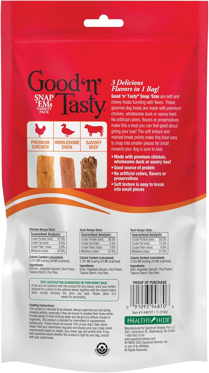 Good ‘n’ Tasty Triple Flavor Snap ‘EMS Gourmet Treats Variety Pack for All Dogs, 15 Count, Reward or Training Treat Made with Real Chicken, Duck and Beef