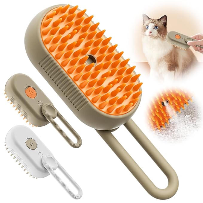 Defur Comb for Cats Dogs, 3 in 1 Steam Cat Brush Cat Steam Brush for Shedding & Grooming, Self Cleaning 3 in 1 Pet Brush Pet Grooming Brush with Spray (Khaki)