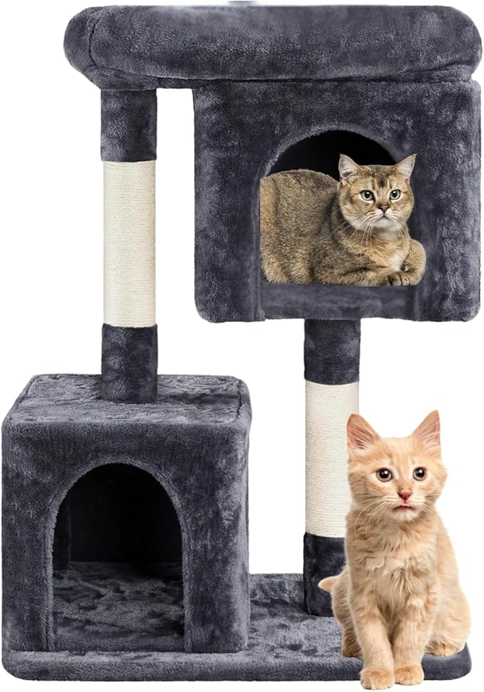 Cat Tree Tower 31 inch, 2 Plush Cat Condos, Cat Tree for Indoor Cats, Cat Scratching Post, Cat Post Scratcher with Perch, Small Cat Tower, Cat Furniture for Adult Cats, Grey