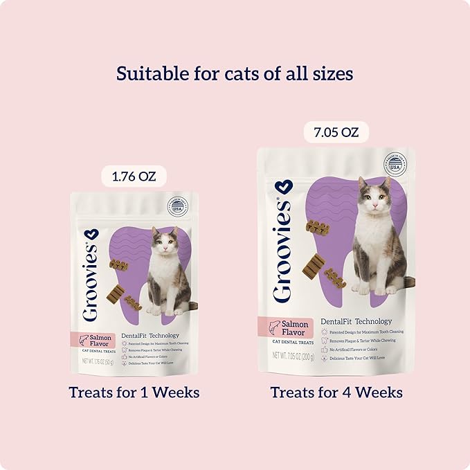Groovies Cat Daily Dental Treats. Tasty, Crunchy Bites Cats Love. Salmon Flavor. Powered by USA-Patented DentalFit Technology. No Added Gluten, No Artificial Flavors or Colors. 7.05oz (460 Treats)