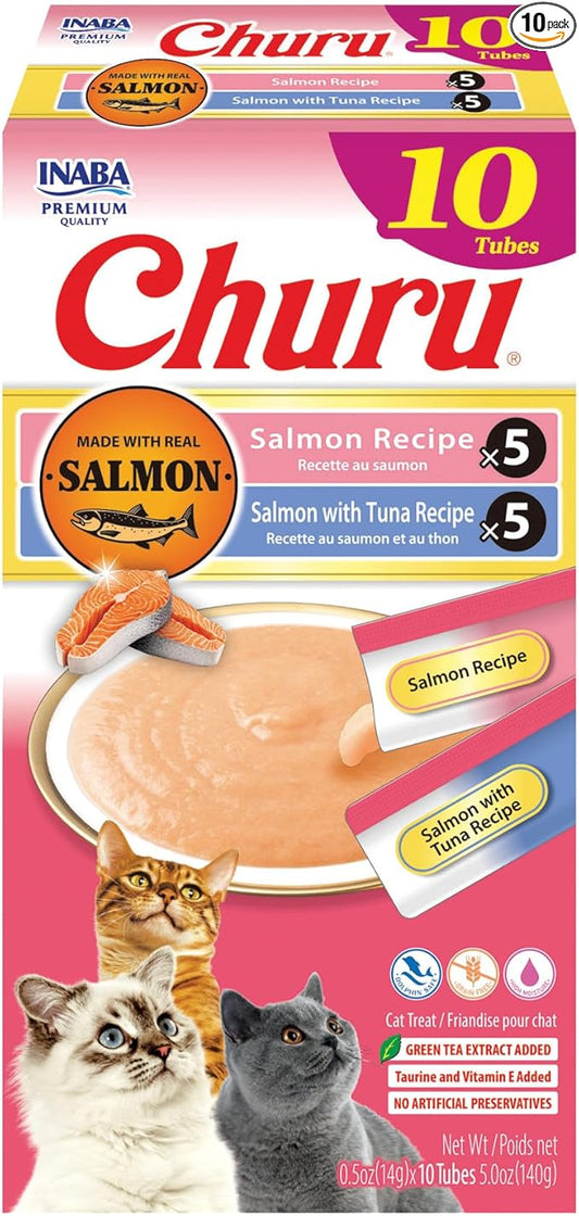 INABA Salmon Churu Cat Treats, Lickable, Squeezable Creamy Purée Cat Treat with Green Tea Extract & Taurine, 0.5 Ounces Each Tube, 10 Tubes, Salmon & Tuna Variety