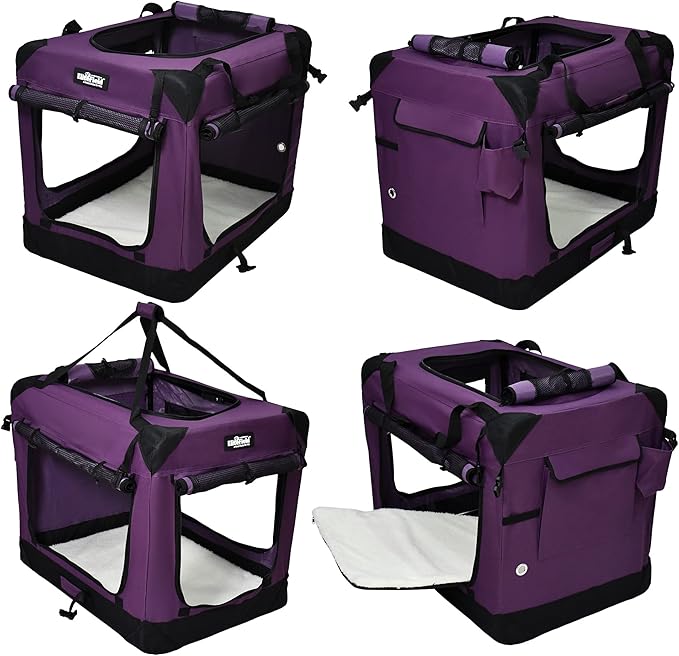 EliteField 4-Door Folding Soft Dog Crate with Curtains, Carrying Bag and Fleece Bed (2 Year Warranty), Indoor & Outdoor Pet Home (30" L x 21" W x 24" H, Purple+4 Door Curtains)