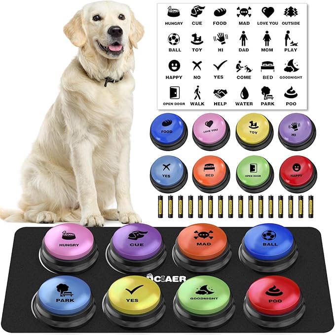 Dog Buttons for Communication, 8 PCS Dog Talking Button Set,30 Seconds Recordable Pet Training Buzzer，with Training Manual Book+16 AAA Batteries+24 Scene Modes + 1 Dog Button Mat