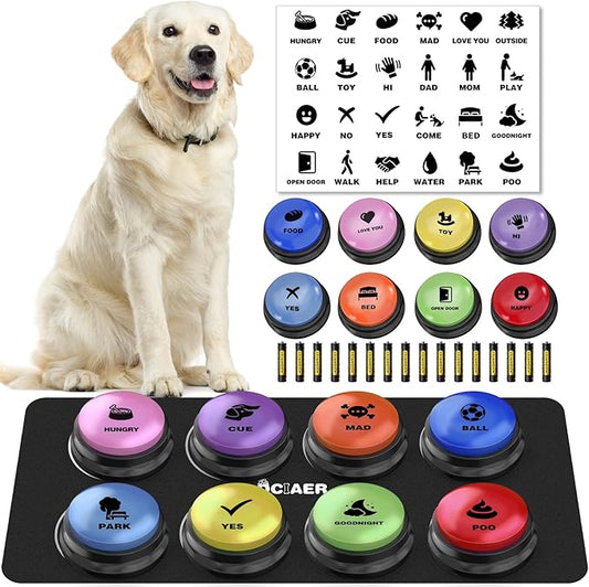 Dog Buttons for Communication, 8 PCS Dog Talking Button Set,30 Seconds Recordable Pet Training Buzzer，with Training Manual Book+16 AAA Batteries+24 Scene Modes + 1 Dog Button Mat