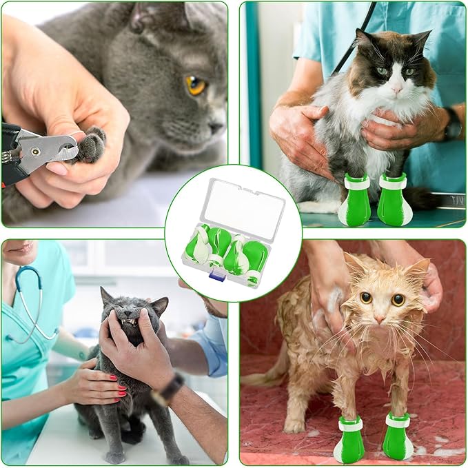 Gosknor 4pcs Cat Feet Covers, Adjustable Anti-Scratch Anti-Bite Silicone Kitten Paw Claw Caps Boots for Nail Trimming Bathing Checking Multifunctional Pet Grooming Protector Products (Green White)