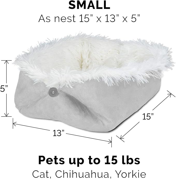 Furhaven Self-Warming Cat Bed for Indoor Cats, 4-Beds-in-1 & Washable - Plush Long Faux Fur Convertible Cuddler - Silver, Small