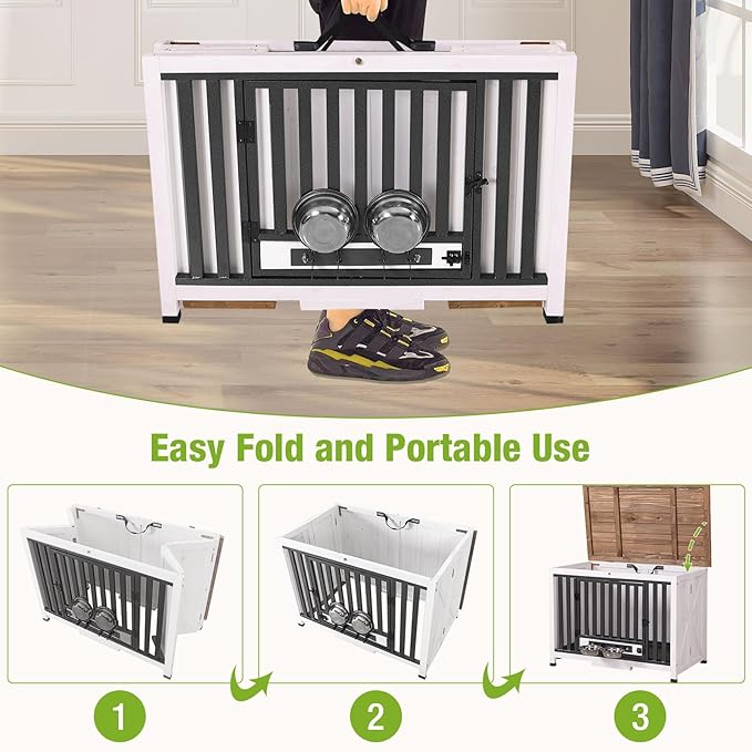 GUTINNEEN Dog Crate Furniture Foldable Dog Kennel for Small Medium Dogs Large Solid Wood Dog House with Bowl Heavy Duty Dog Cage End Table