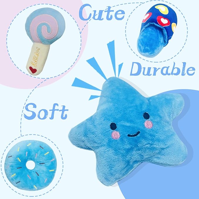 Soft Dog Toys for Small Dogs, 4 Packs Cute Chew Toys for Puppy, Durable Soft Plush Small Dog Toys, Blue Stars Designs, Puppy Toys