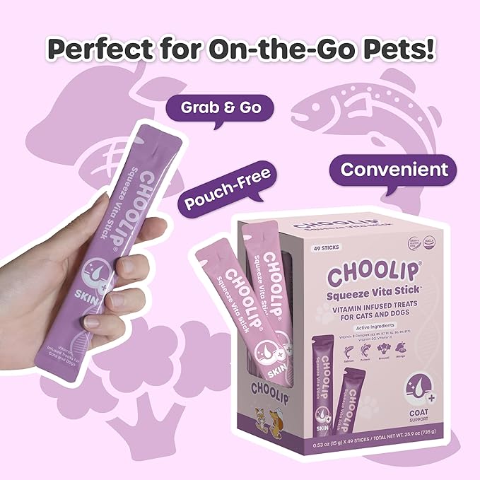 Choolip Squeeze Vita Stick Lickable Cat and Dog Treats, 49-Count Skin and Coat Variety Pack, Salmon and Pollack with Biotin and Vitamin E
