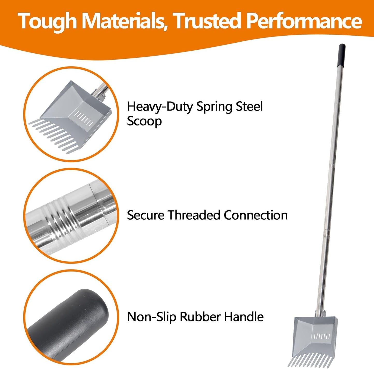 Heavy Duty Pooper Scooper 66in Spring Steel Scoop Long Stainless Steel Handle Dog Pooper Scooper for Large Dogs Outdoor Pet Waste Removal Shovel