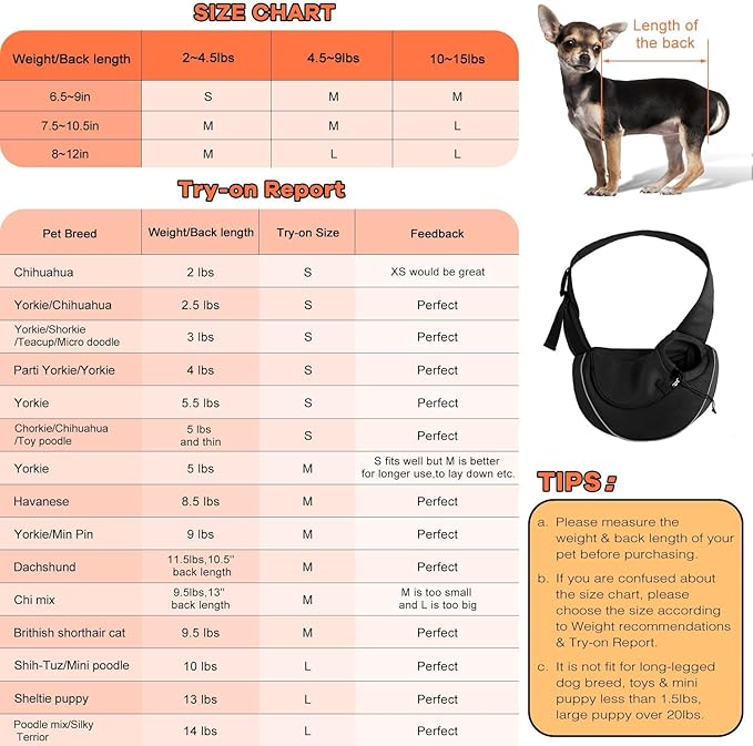YUDODO Pet Sling Carrier for 10-15 lbs Small Dogs & Cats – Hands-Free Puppy Carrier with Safety Hook, Large Zipper Pocket, Soft Breathable Mesh, Adjustable Strap & Reflective Strip (Black 2.0 L)