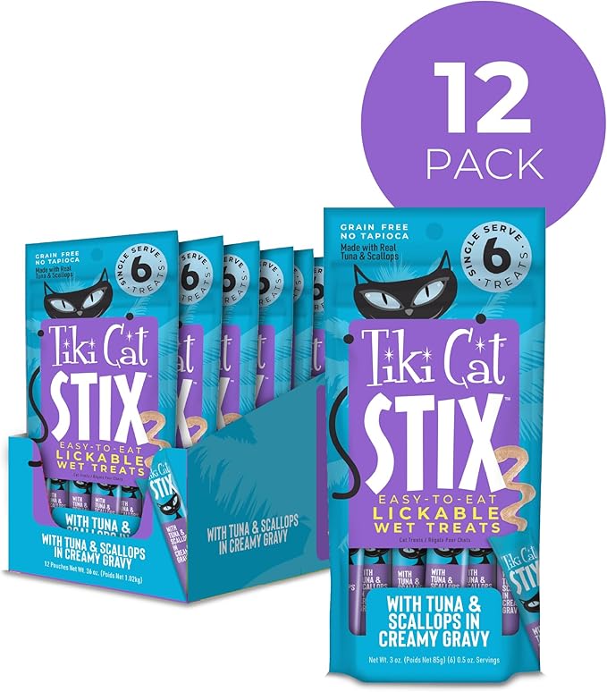 Tiki Cat Stix Wet Mousse Cat Treats, 3 oz. Pouch of Single Serve Lickable Treats, Tuna & Scallops in Creamy Gravy, (12 Pack of 72 Tubes)