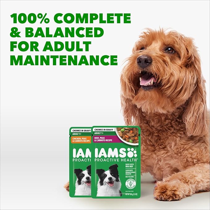 IAMS Proactive Health Adult Wet Dog Food, Chicken, Peas and Carrots Recipe, 3.5 oz. Pouch (16 Count, Pack of 1)