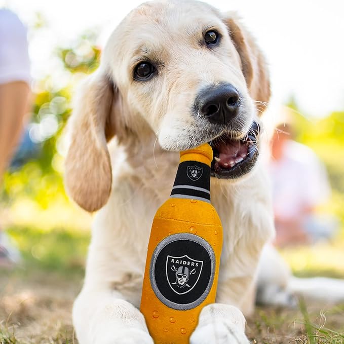 Pets First NFL LAS Vegas Raiders Beer Bottle Plush Dog&CAT Squeak Toy-Cutest Stadium SODA Bottle Snack Plush Toy for Dogs&Cats with Inner Squeaker&Beautiful Football Team Name/Logo 10 x 3 x 3 Inches