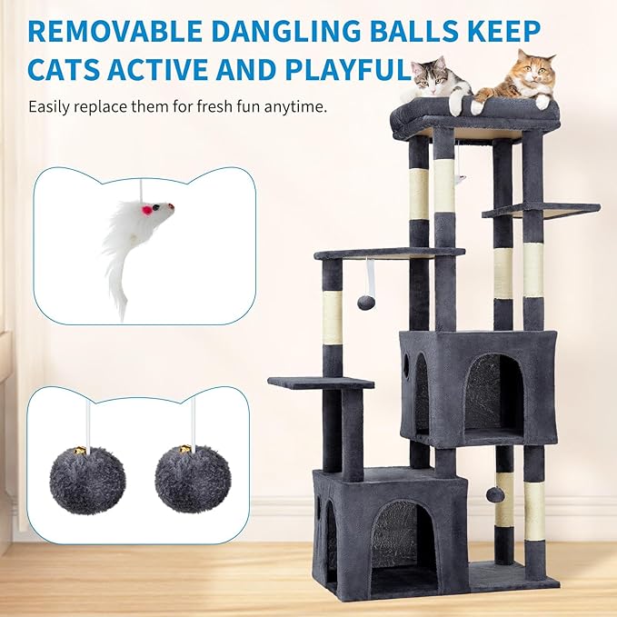 GarveeLife 61" Multi-Level Cat Tree for Indoor Cats, Heavy-Duty Tower for Large Adult & Maine Coon Cats with Oversized Perch, Dual Condos, Natural Sisal Scratching Posts & Play Toys – Dark Gray