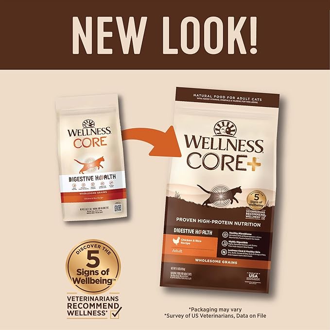 Wellness CORE+ Adult Dry Cat Food, Natural, Wholesome Grains Kibble, Digestive Health Chicken and Rice Recipe, 11 lb Bag