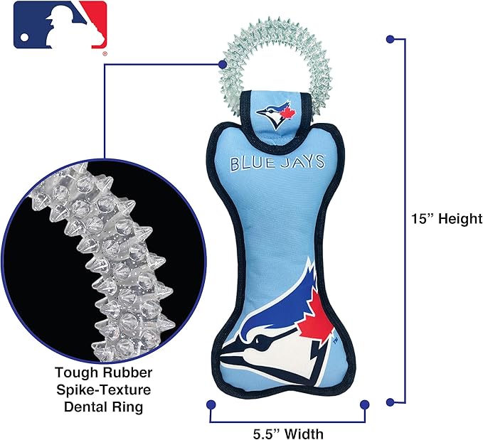 MLB Toronto Blue Jays Bone Shaped Dental Dog TUG Toy with Squeaker. Tough PET Toy for Healthy Fun, Teething, and Cleaning pet's Teeth and Gum.