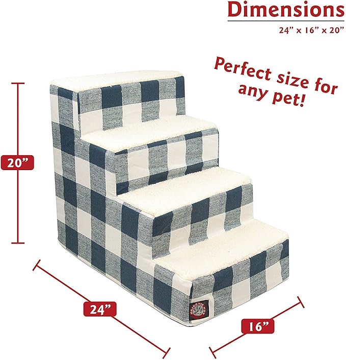 Majestic Pet 4 Step Portable Dog Stairs for Small Dogs to get on Bed Supports 250 lbs or Less – Dog Steps for High Bed with Machine Washable Cover –Pet Stairs for Cats Anderson Check Navy Blue