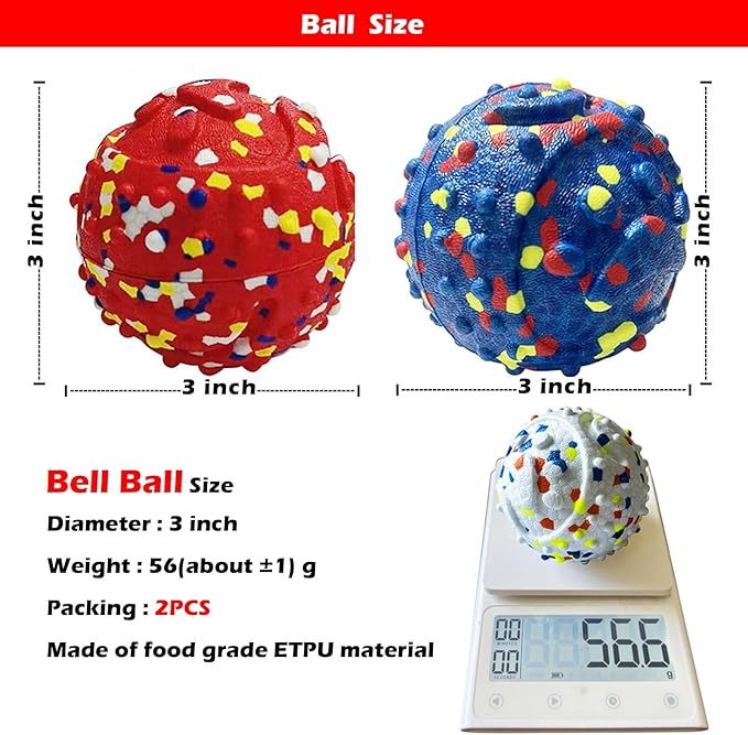 2Pack Dog Ball Squeak Toys Indestructible Dog Ball Float On Water Fetch Bouncy Durable Solid Rubber Ball for Puppy Small and Medium Dogs Playing Toys (Bell Ball 2Pcs)