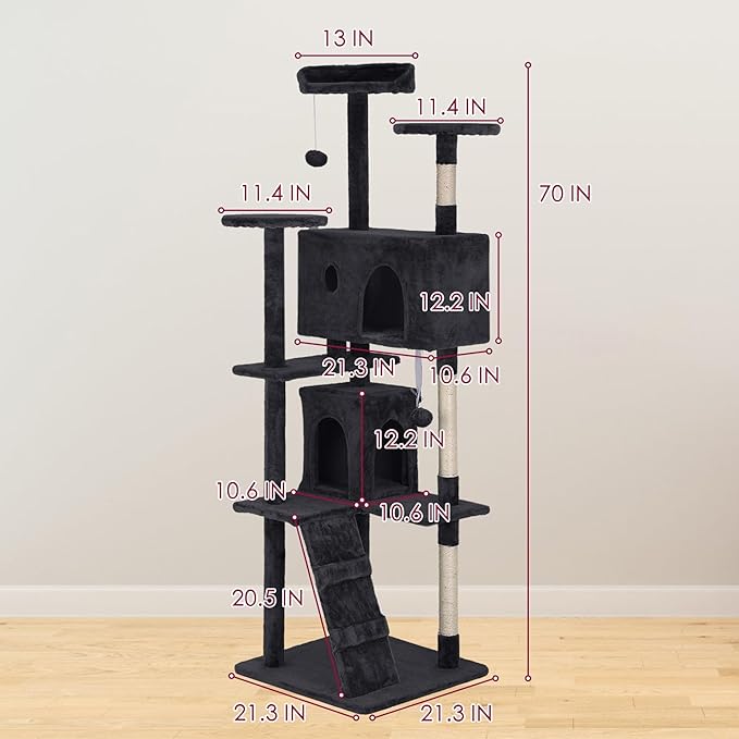 24/7 Shop at Home Court 70 inch Multi-Level Cute Cat Tree Tower with Dangling Ball and Scratching Posts for Indoor Cats Adults, Kitten Supplies, Pet House, Dark Gray