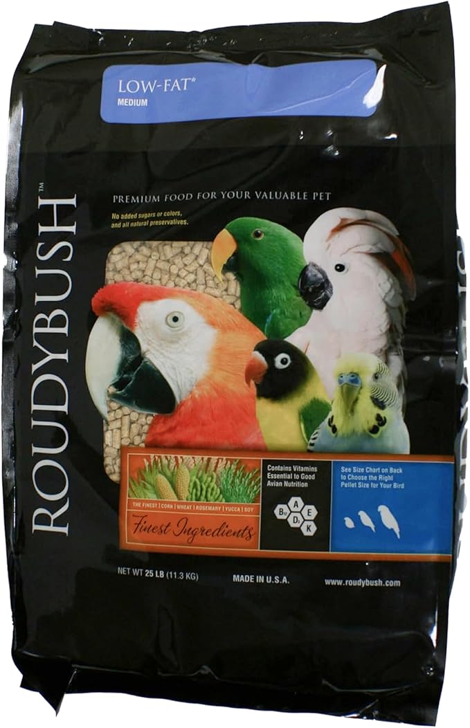 RoudyBush Low Fat Food for Adult Birds & Chicks - Scientifically Formulated Bird Feed, Bird Food Pellets w/Corn, Wheat, Soy & More - Nutritious & Healthy Feed for Birds (Medium, 25lb)