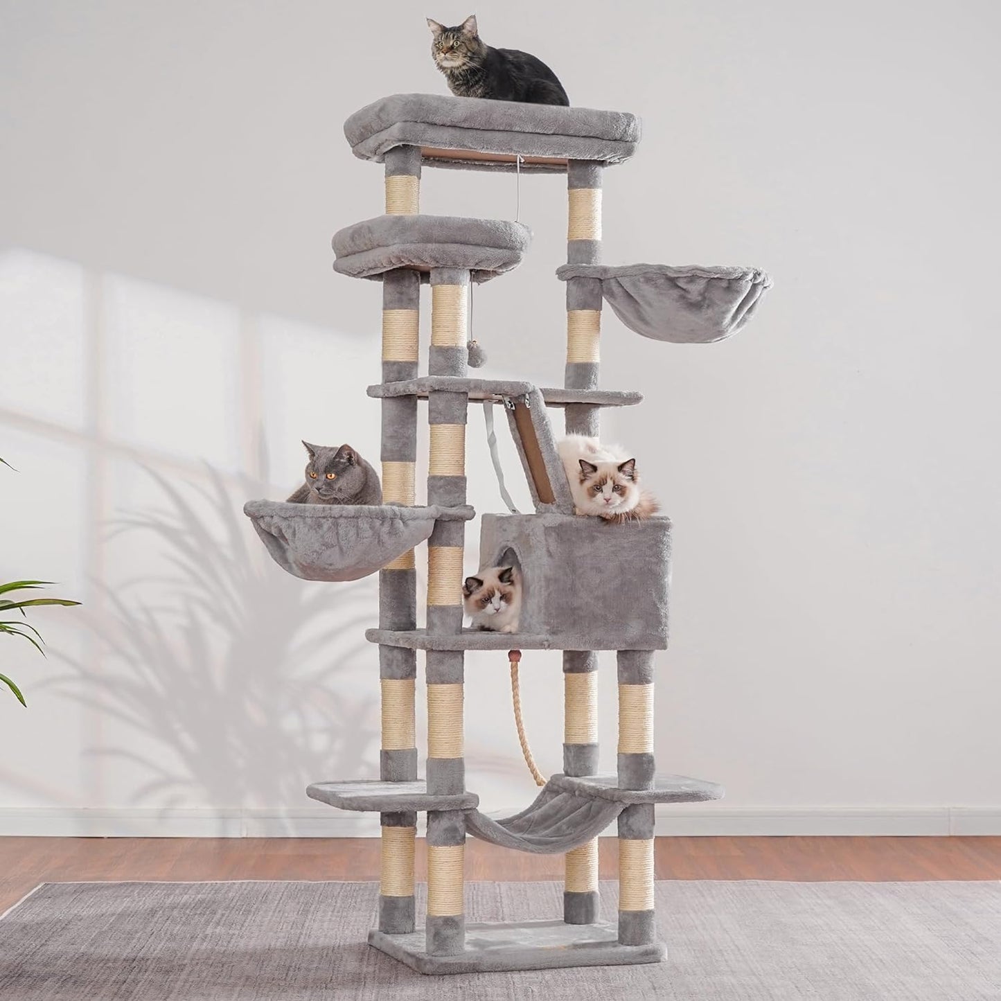 Heybly Cat Tree, 68 inch Multi-Level Cat Tower for Indoor Cats, 2 Widened Plush Perches Cat Condo with Scratching Board and Big Caves, Light Gray HCT025W