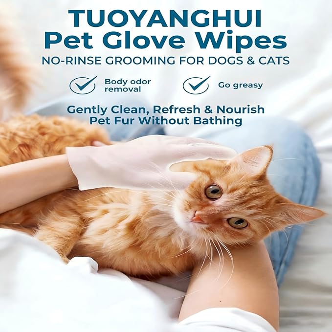 Pet Glove Wipes for Cats & Dogs, No Rinse Deodorizing Cleaning Mittens, Sphynx Cat Supplies, Thickened Hypoallergenic Aloe Vera, Unscented Full Body Grooming, Daily Care & Travel, 12 Count