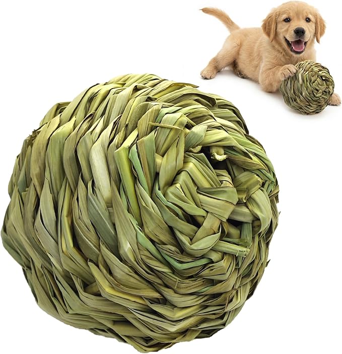 Natural Dog Chew Toy, 1pcs Woven Grass Chew Ball for Dogs, Dental Teething Toy & Interactive Fetch Toys, Outdoor Rattan Digestible Chew Ball for Boredom Relief - Reed