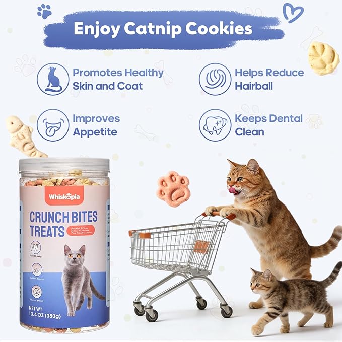 13.4 OZ Catnip Cat Treats for Indoor Cats, Mixed Flavor Biscuits with Salmon Shrimp Tuna Cat Grass, Hairball Control & Dental Care Kitten Snacks Crunchy Training Bites for Teeth Cleaning