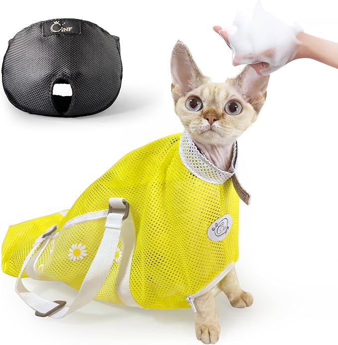 Cinf Cat Bathing Bag(Free Muzzle) Breathable Mesh Anti Scratch Adjustable Cat Grooming Bag for Nail Trimming, Bathing Soft Cat Washing Bag(Yellow) M