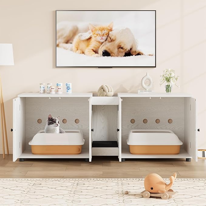 55" Double Cat Litter Box Enclosure for 2 Cats, Modern Self Cleaning Extra Large Hidden Cat Litter Box Furniture, Front Entry, Wooden Hidden Cat Washroom, Side End Table, Cat House, TV Stand