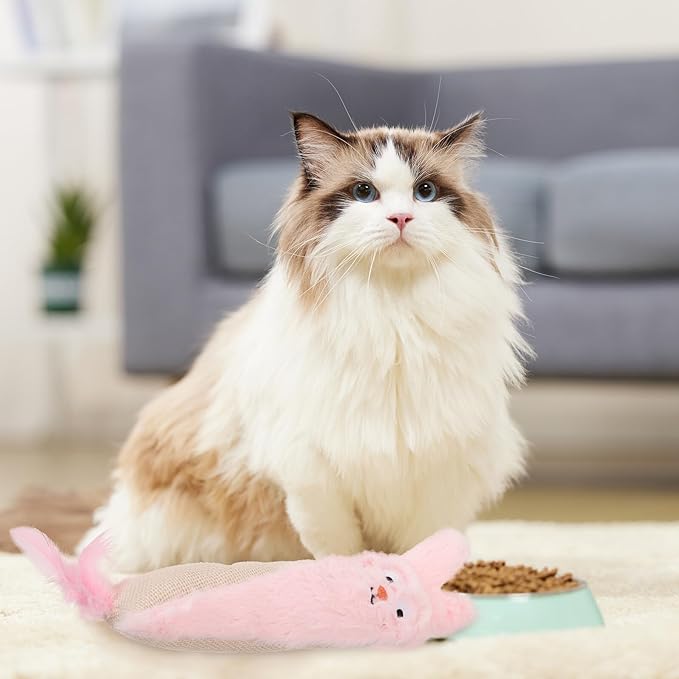 Abaodam Plush Catnip for Cats with Crinkle Paper, Pink Rabbit Shape, Soft Chewing and Teething for Indoor Kittens and Small Cats