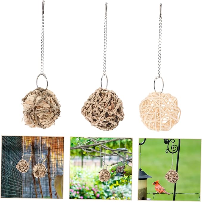UKCOCO 3Pcs Parrot Chewable Rattan Ball Set Engaging Bird Cage Accessories for Cockatiels Parakeets and Pets Safe and Easy to Clean Chewing