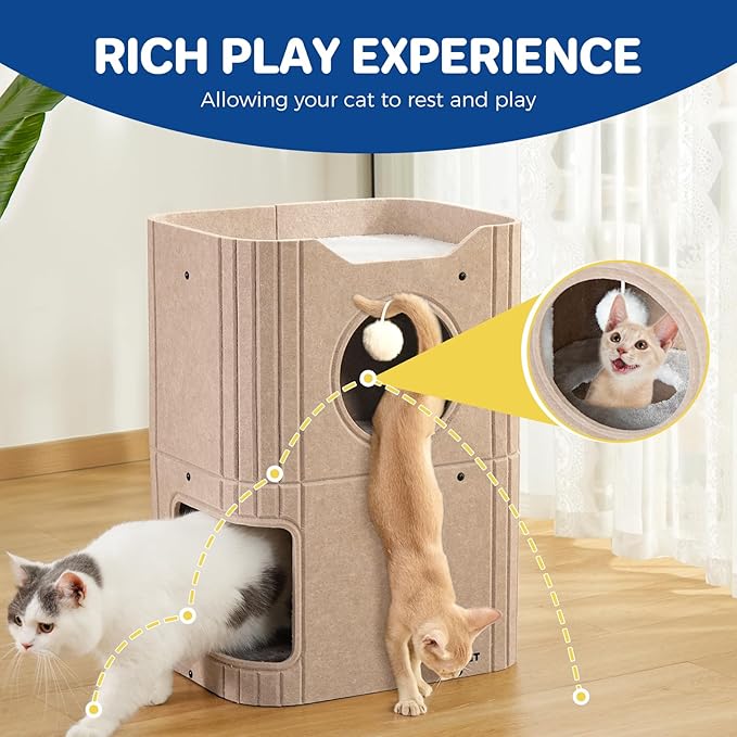 ABCPET Cat House for Indoor Cats, Cat Condo Cat Bed Cave, Felt Cats Hideaway Condo with Resistant Scratching Freedom Kitten Cube & Hanging Ball, Beige