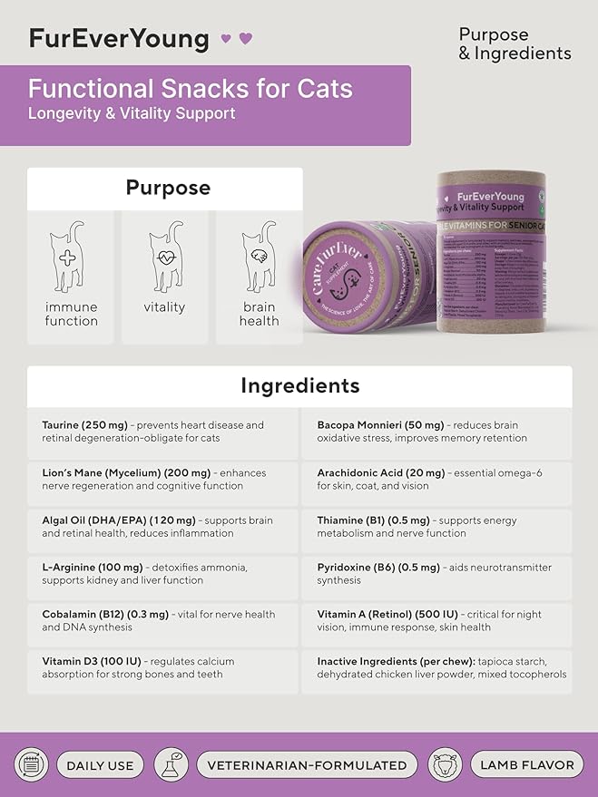 Vitamin Treats for Senior Cats: Immune Health, Longevity, Brain Function, Vision & Overall Vitality in Aging Cats (30 Days Supply)