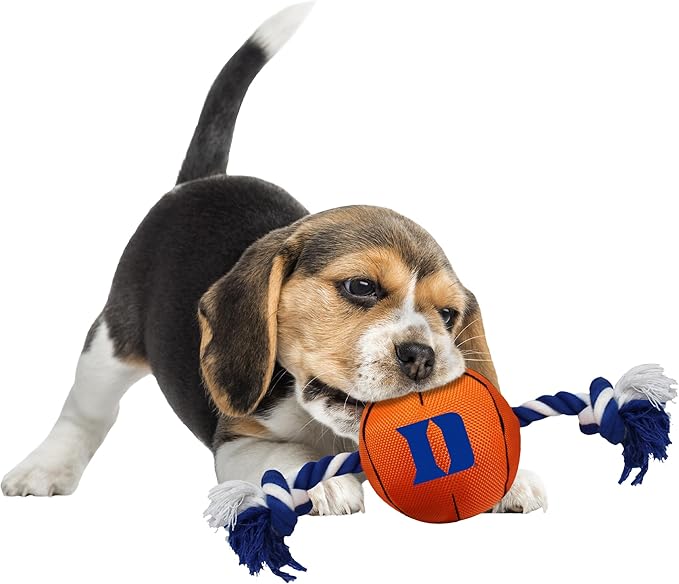 NCAA Duke Blue DEVILSBasketball Rope Toy for Dogs & Cats. Tough Nylon, Sporty Basketball Design, Heavy-Duty Ropes with Inner Squeaker