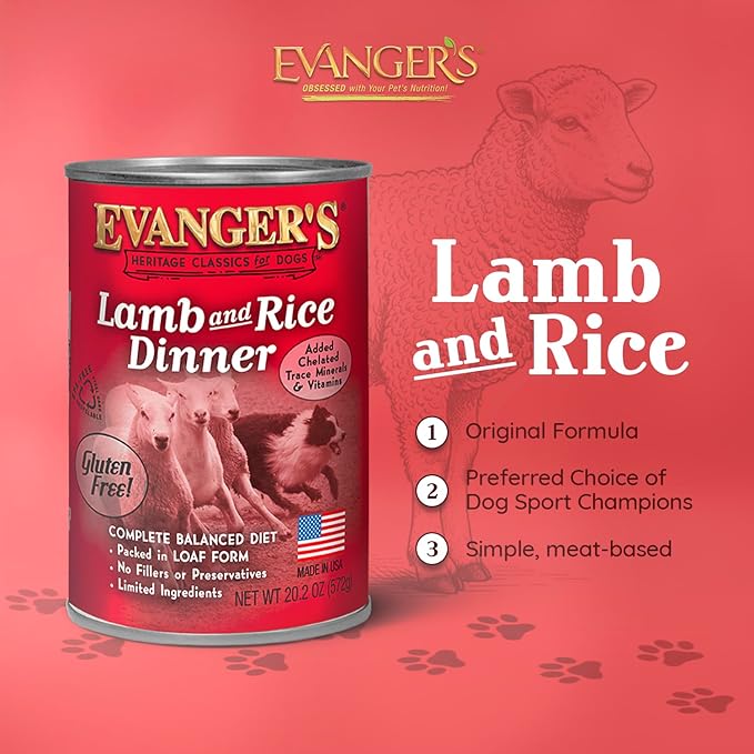 Evanger's Heritage Classic Lamb & Rice Dinner – 12 Count, 20.2 oz Each – Wet Dog Food with Lamb and Rice – Gluten-Free Loaf Style Meal – Complete and Balanced for All Life Stages
